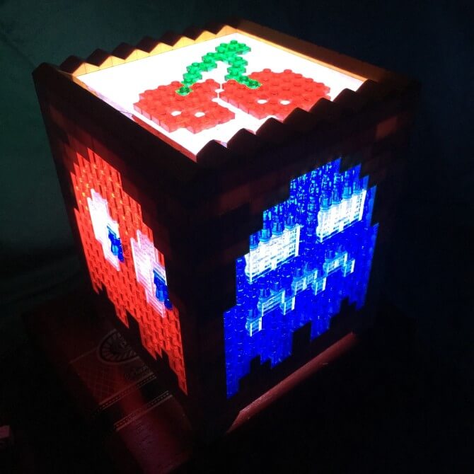 cube shaped Pacman light made out of LEGO